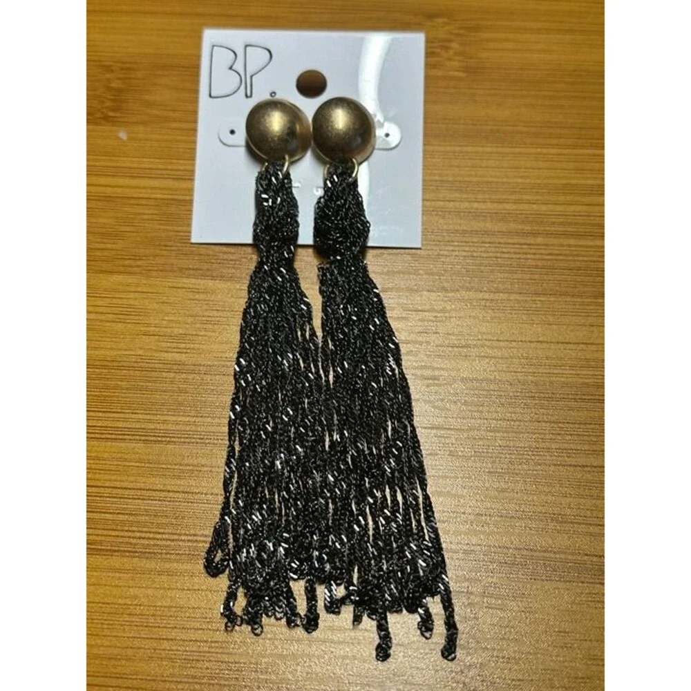 BP. Black Chain Fringe Tassel Drop Earrings Gold Tone Statement NWT New Boho Gif